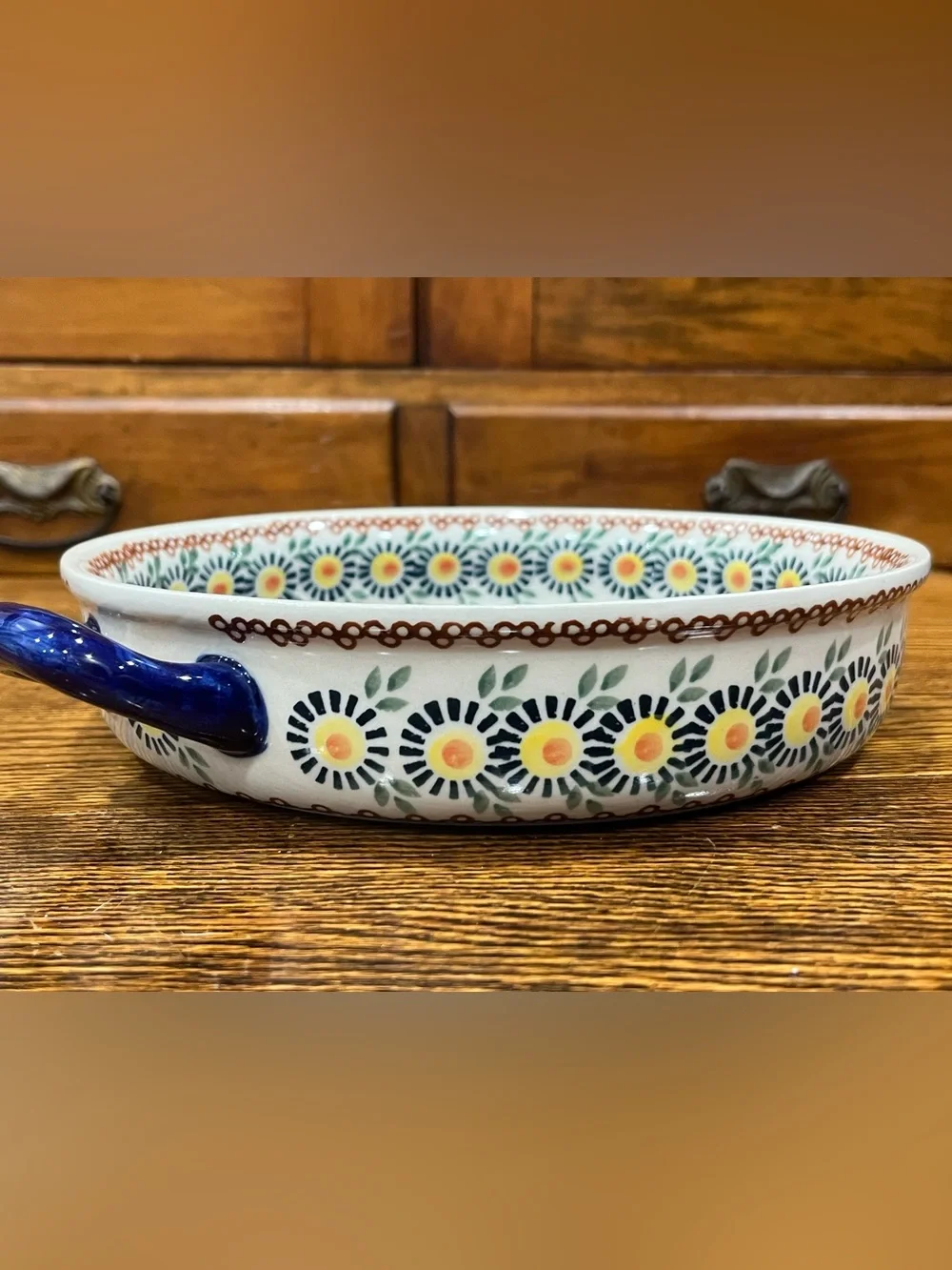 Vintage Polish Pottery Handled Baking Dish / Pie Plate – Floral Blue & White